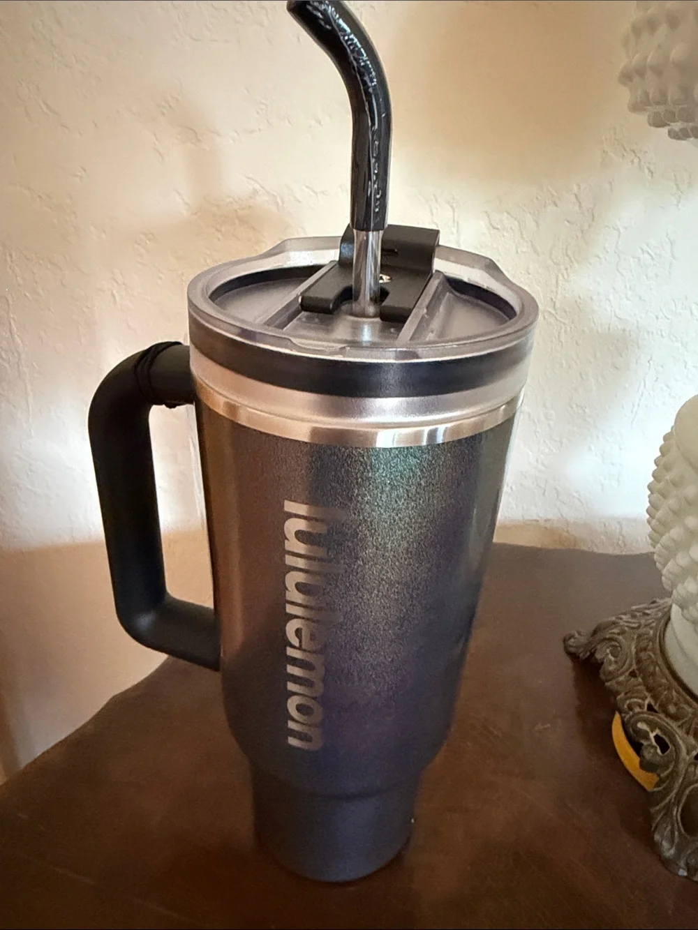 NWT Lululemon 40oz Black with glitter fleck.Travel Tumbler with Handle and Straw